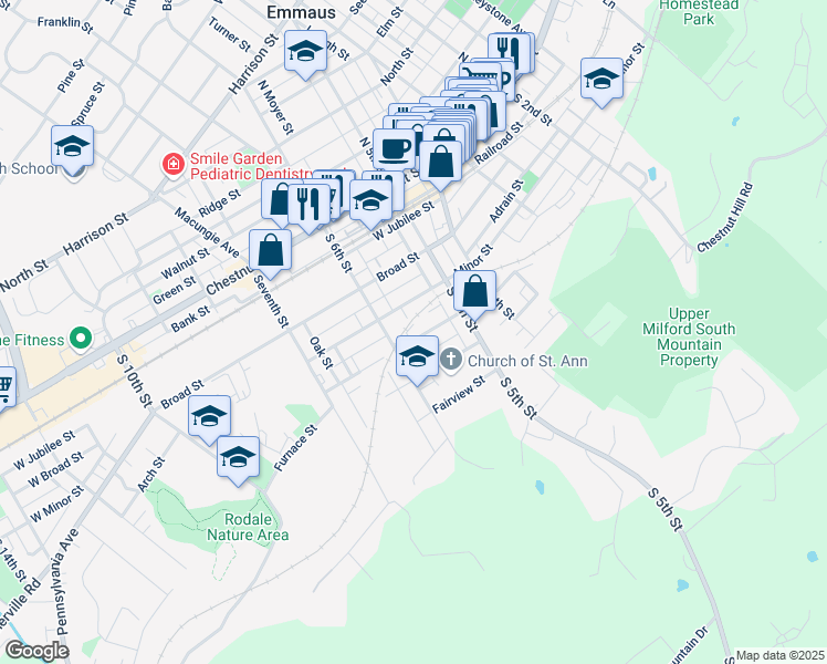 map of restaurants, bars, coffee shops, grocery stores, and more near 558 Furnace Street in Emmaus