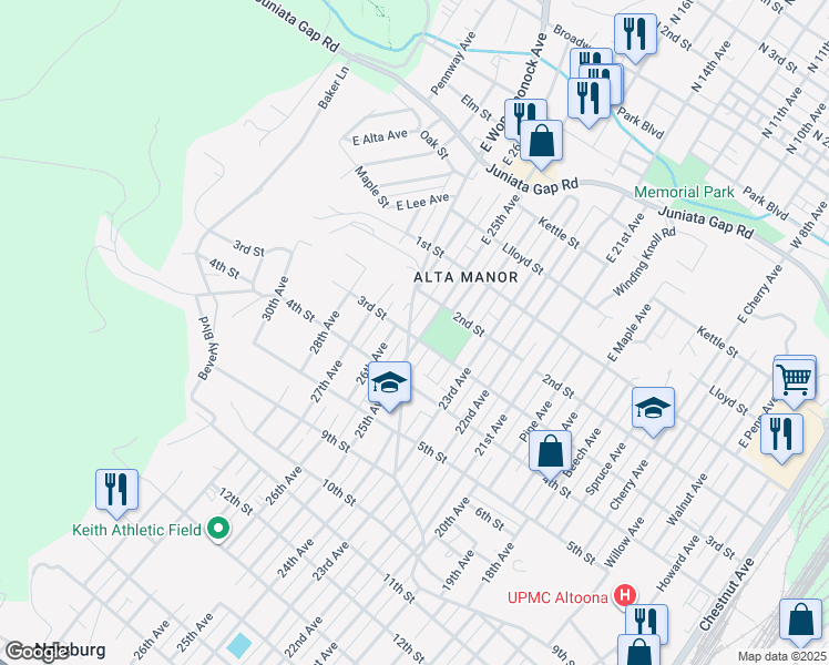 map of restaurants, bars, coffee shops, grocery stores, and more near 2500 3rd St in Altoona
