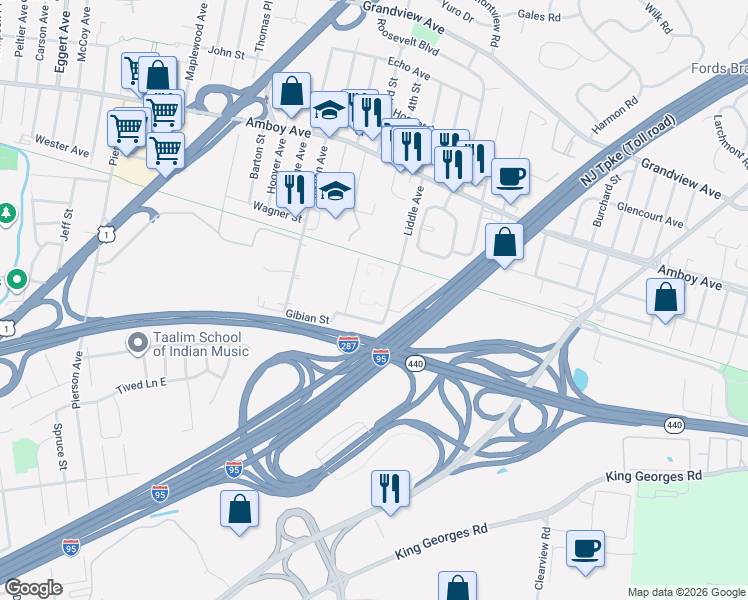 map of restaurants, bars, coffee shops, grocery stores, and more near 4 Plymouth Place in Edison