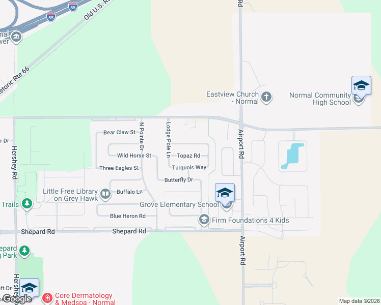 map of restaurants, bars, coffee shops, grocery stores, and more near 3260 Topaz Road in Normal