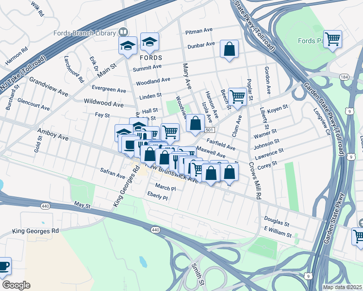 map of restaurants, bars, coffee shops, grocery stores, and more near 805 King Georges Road in Woodbridge Township