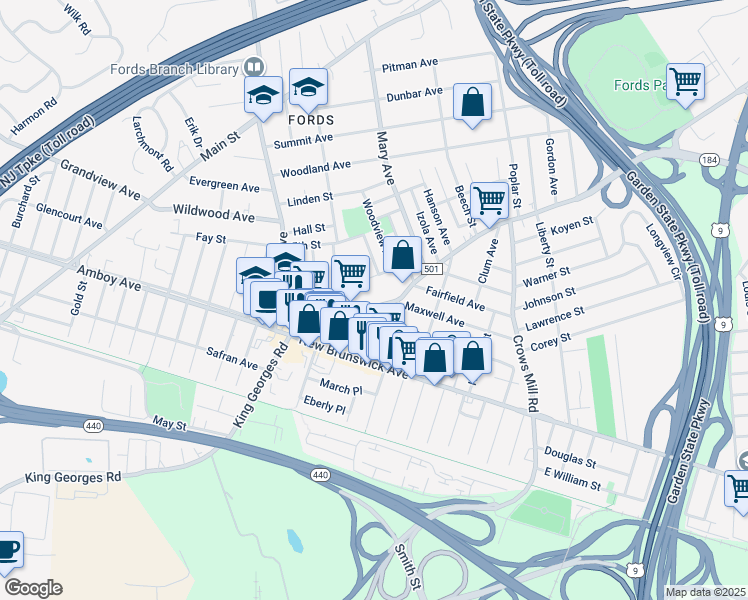 map of restaurants, bars, coffee shops, grocery stores, and more near 805 King Georges Road in Woodbridge Township