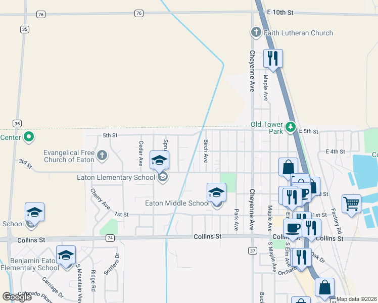 map of restaurants, bars, coffee shops, grocery stores, and more near 830 Ponderosa Court in Eaton