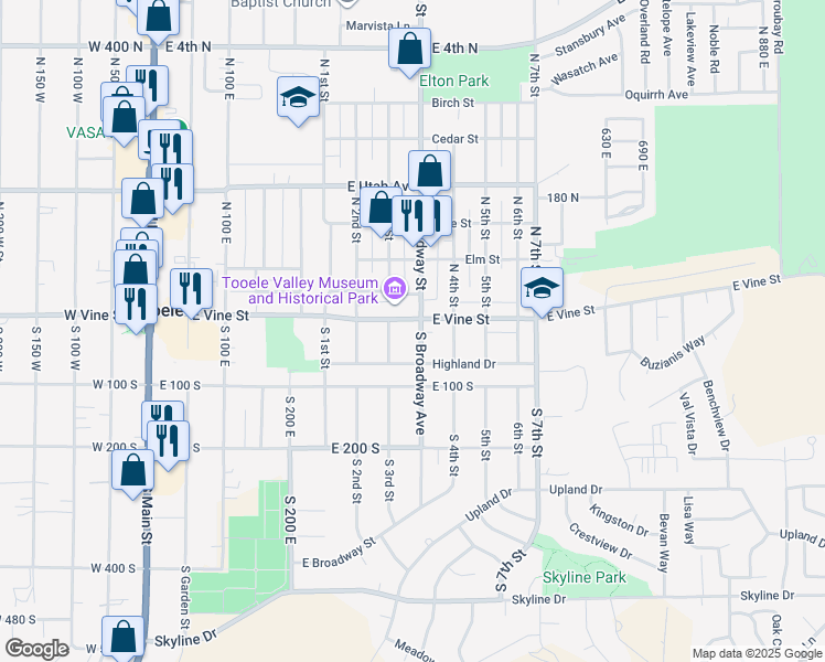map of restaurants, bars, coffee shops, grocery stores, and more near 18 South Broadway Avenue in Tooele