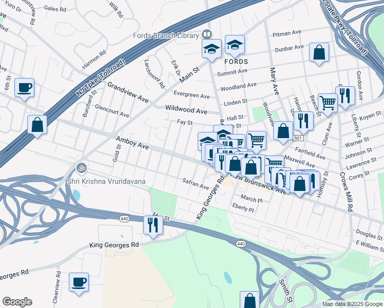 map of restaurants, bars, coffee shops, grocery stores, and more near 7 Franklin Avenue in Edison