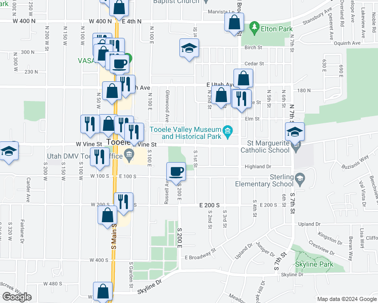map of restaurants, bars, coffee shops, grocery stores, and more near 190 East Vine Street in Tooele