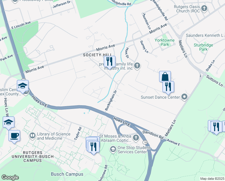 map of restaurants, bars, coffee shops, grocery stores, and more near 469 Harwick Court in Piscataway