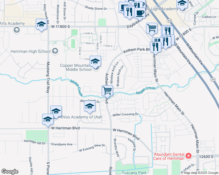 map of restaurants, bars, coffee shops, grocery stores, and more near 12172 Window Arch Lane in Herriman