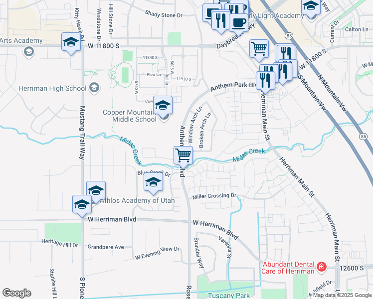 map of restaurants, bars, coffee shops, grocery stores, and more near 12172 Window Arch Lane in Herriman
