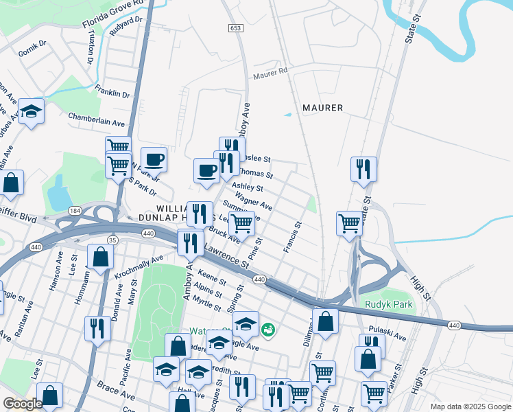 map of restaurants, bars, coffee shops, grocery stores, and more near 393 Wagner Avenue in Perth Amboy