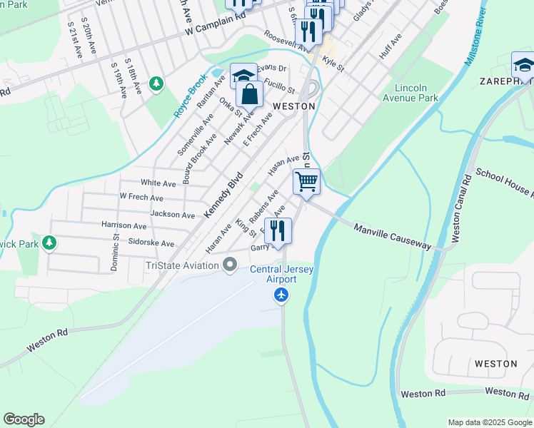 map of restaurants, bars, coffee shops, grocery stores, and more near 109 South Greasheimer Street in Manville