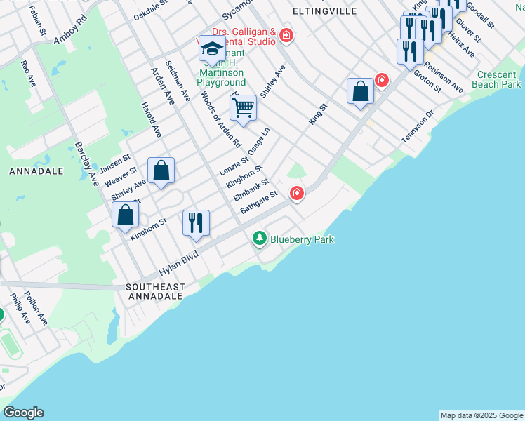 map of restaurants, bars, coffee shops, grocery stores, and more near 4599 Hylan Boulevard in Staten Island