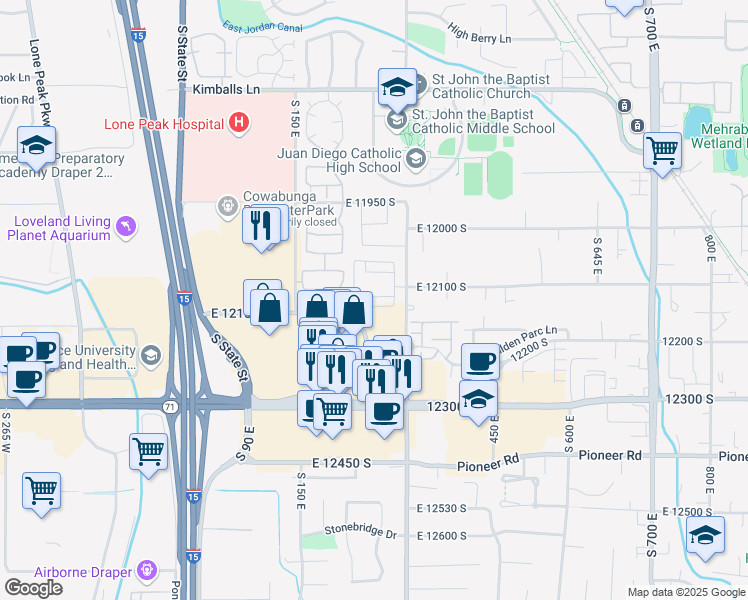 map of restaurants, bars, coffee shops, grocery stores, and more near 264 East Pebble Hollow Way in Draper