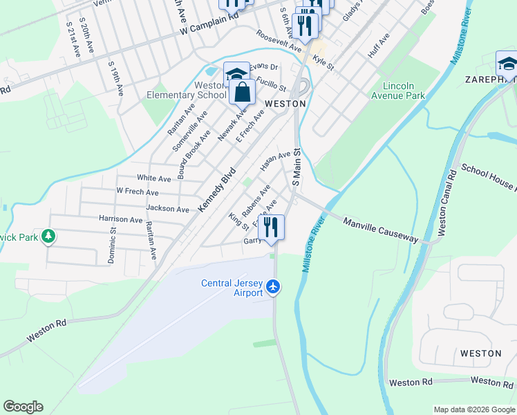 map of restaurants, bars, coffee shops, grocery stores, and more near 109 South Greasheimer Street in Manville