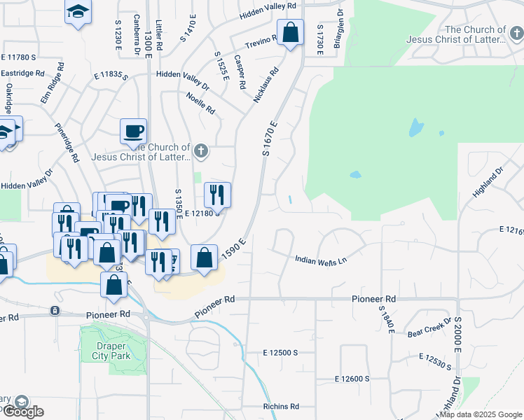 map of restaurants, bars, coffee shops, grocery stores, and more near 1608 East 12165 South in Sandy
