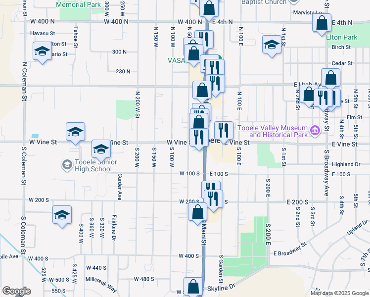 map of restaurants, bars, coffee shops, grocery stores, and more near 57 West Vine Street in Tooele