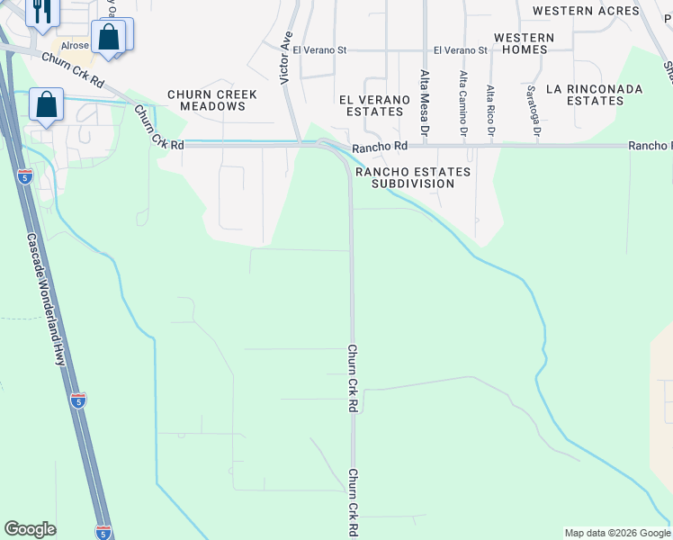 map of restaurants, bars, coffee shops, grocery stores, and more near 8248 Churn Creek Road in Redding