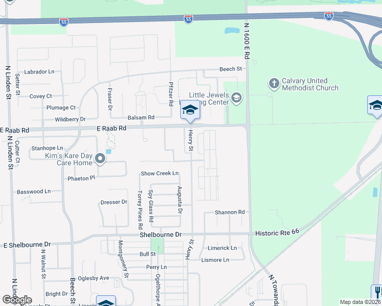 map of restaurants, bars, coffee shops, grocery stores, and more near 1636 Henry Street in Normal