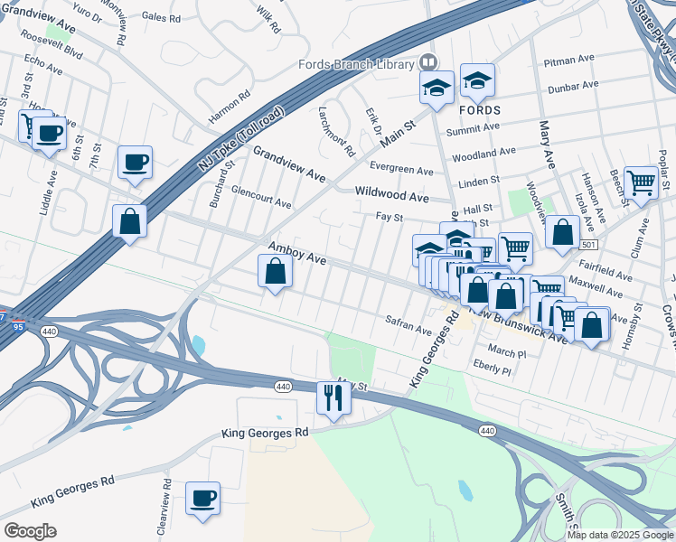 map of restaurants, bars, coffee shops, grocery stores, and more near 719 Amboy Avenue in Edison