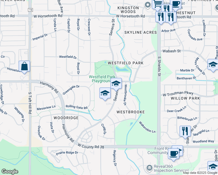 map of restaurants, bars, coffee shops, grocery stores, and more near 4101 Seneca Street in Fort Collins