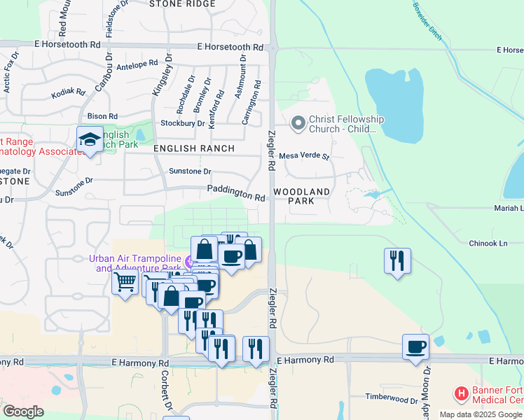 map of restaurants, bars, coffee shops, grocery stores, and more near 4109 Ziegler Road in Fort Collins