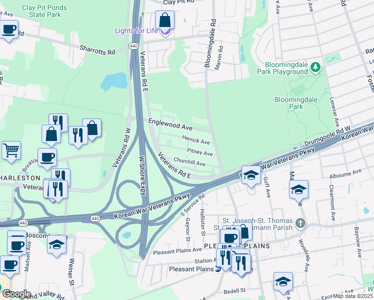 map of restaurants, bars, coffee shops, grocery stores, and more near Pitney Avenue in Staten Island