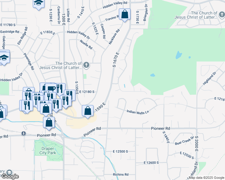 map of restaurants, bars, coffee shops, grocery stores, and more near 1608 East 12165 South in Sandy