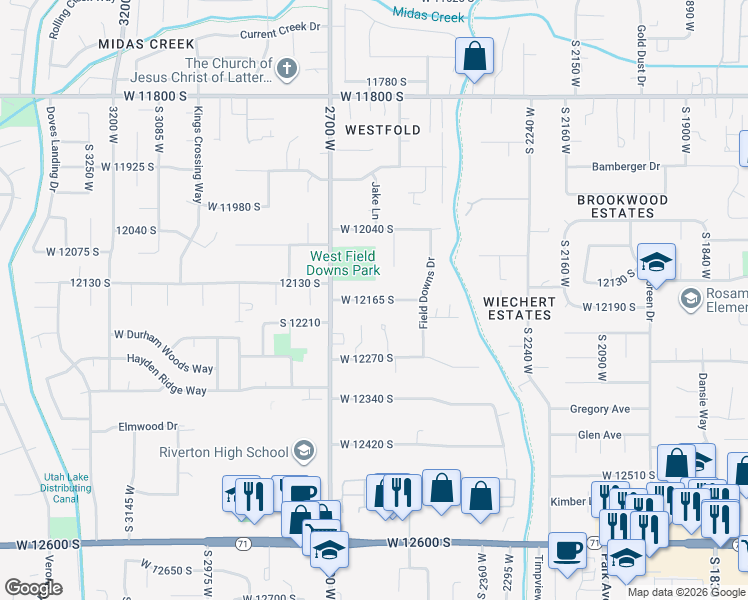map of restaurants, bars, coffee shops, grocery stores, and more near 2606 West 12165 South in Riverton