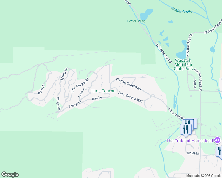 map of restaurants, bars, coffee shops, grocery stores, and more near West Canyon Drive in Midway