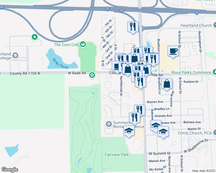 map of restaurants, bars, coffee shops, grocery stores, and more near 725 West Raab Road in Normal