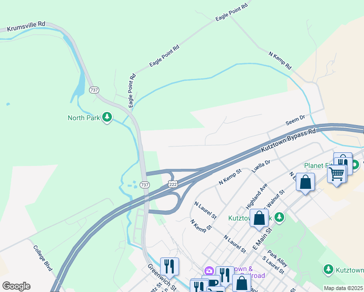 map of restaurants, bars, coffee shops, grocery stores, and more near 132 Portia Court in Kutztown