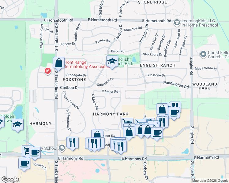 map of restaurants, bars, coffee shops, grocery stores, and more near 2437 Sunstone Dr in Fort Collins