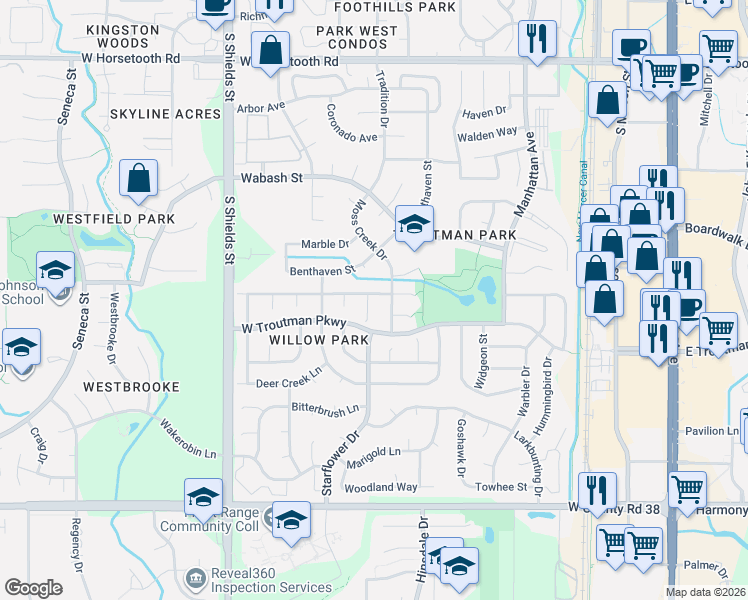 map of restaurants, bars, coffee shops, grocery stores, and more near 4124 Snow Ridge Circle in Fort Collins