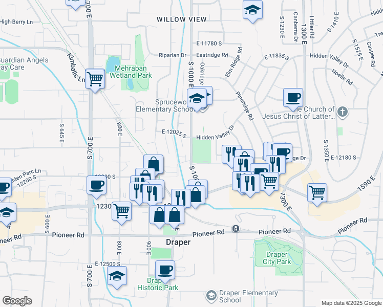 map of restaurants, bars, coffee shops, grocery stores, and more near 12151 South 1000 East in Draper