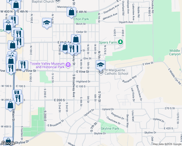 map of restaurants, bars, coffee shops, grocery stores, and more near 21 South 5th Street in Tooele