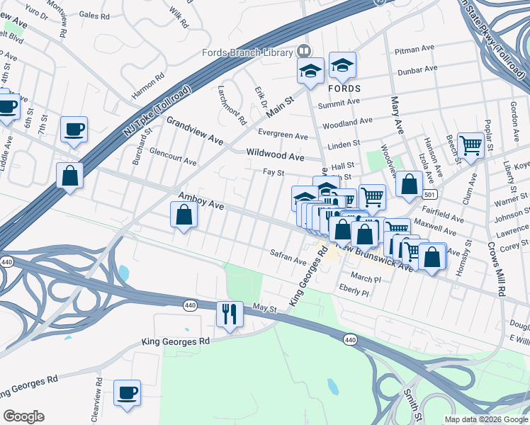 map of restaurants, bars, coffee shops, grocery stores, and more near 693 Amboy Avenue in Edison