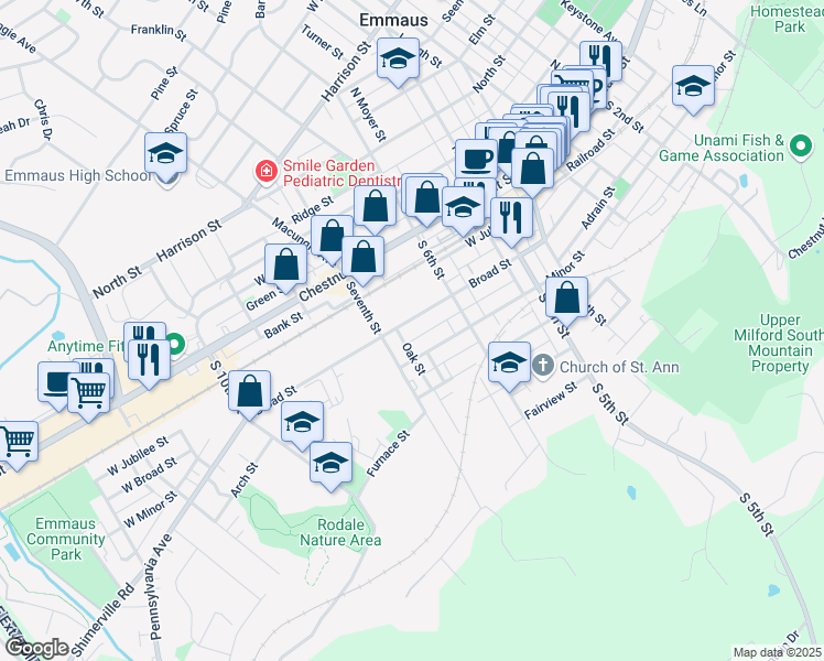 map of restaurants, bars, coffee shops, grocery stores, and more near 662 Adrain Street in Emmaus