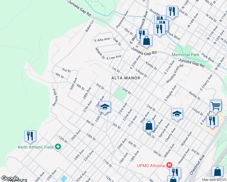 map of restaurants, bars, coffee shops, grocery stores, and more near 2500 3rd St in Altoona