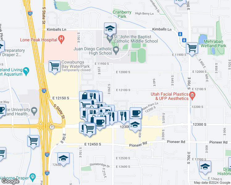 map of restaurants, bars, coffee shops, grocery stores, and more near 328 East 12100 South in Draper