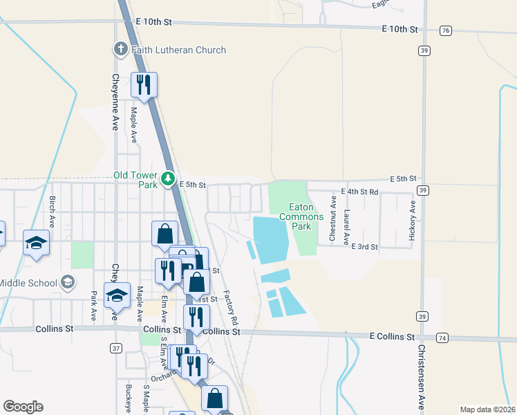 map of restaurants, bars, coffee shops, grocery stores, and more near 416 Lilac Avenue in Eaton