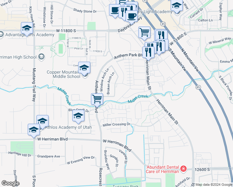 map of restaurants, bars, coffee shops, grocery stores, and more near 12159 South Tower Arch Lane in Herriman