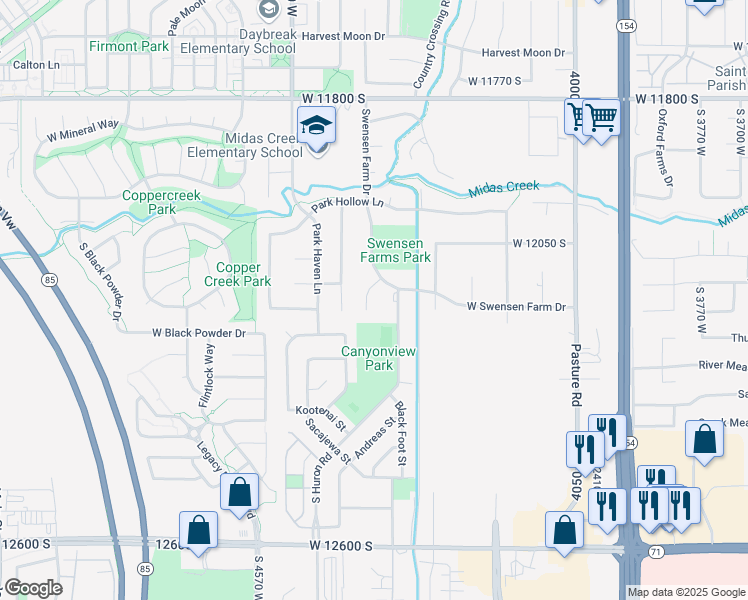 map of restaurants, bars, coffee shops, grocery stores, and more near 12159 Swensen Circle in Riverton