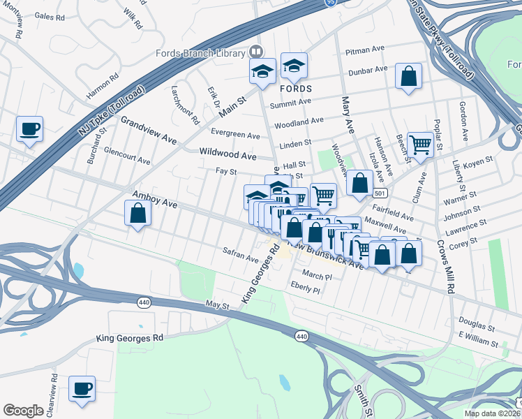 map of restaurants, bars, coffee shops, grocery stores, and more near 18 Maple Drive in Edison