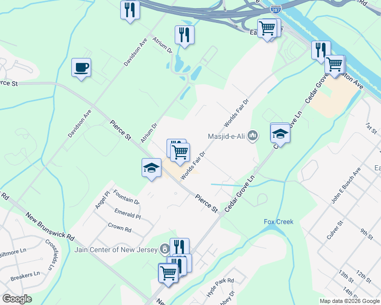 map of restaurants, bars, coffee shops, grocery stores, and more near 30 Worlds Fair Drive in Franklin Township