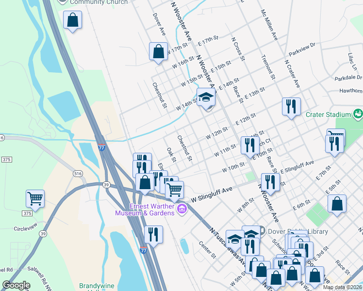 map of restaurants, bars, coffee shops, grocery stores, and more near 402 West 12th Street in Dover