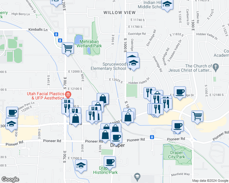 map of restaurants, bars, coffee shops, grocery stores, and more near 12103 South 930 East in Draper