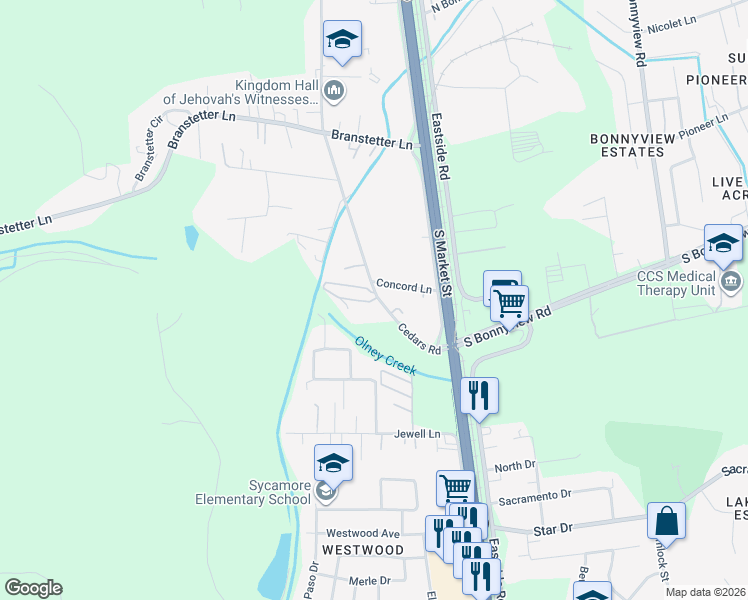 map of restaurants, bars, coffee shops, grocery stores, and more near 5851 Cedars Road in Redding
