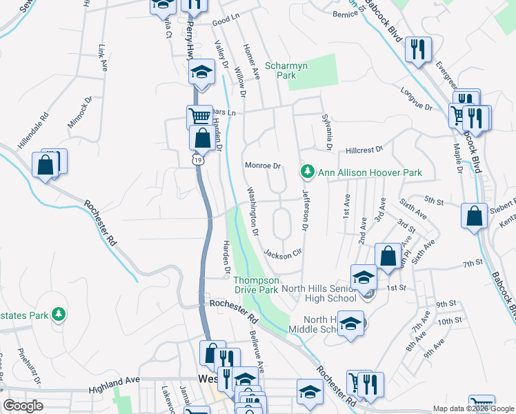map of restaurants, bars, coffee shops, grocery stores, and more near 757 Washington Drive in Pittsburgh