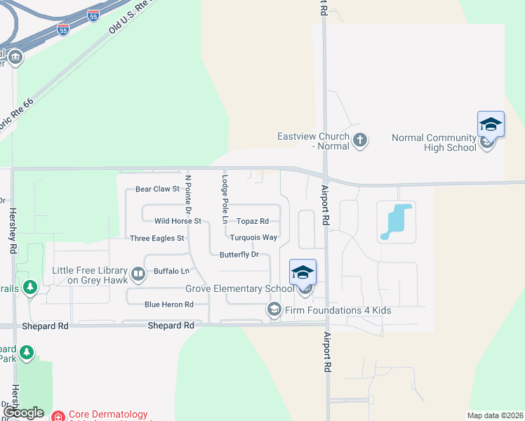 map of restaurants, bars, coffee shops, grocery stores, and more near 3260 Topaz Road in Normal