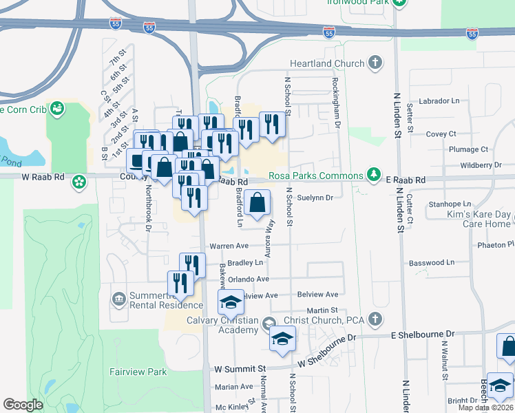 map of restaurants, bars, coffee shops, grocery stores, and more near 5 Plymouth Court in Normal